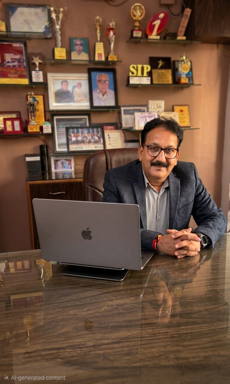 Chandresh Rawka, AMFI Registered Mutual Fund and SIF Distributor, at his office desk